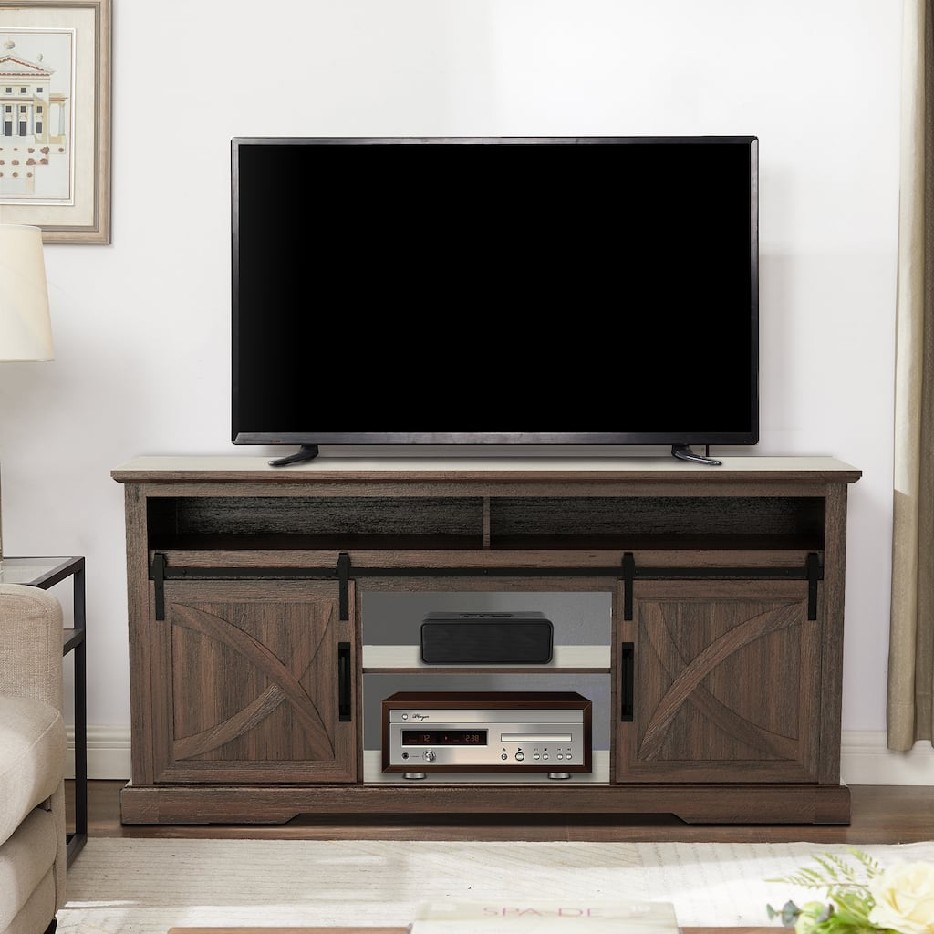 68" Walnut Sliding Barn Door TV Stand Console with Storage Open Compartment