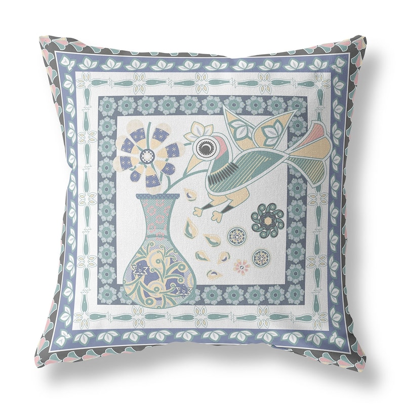 HomeRoots 16" x 16" Blue and White Bird Blown Seam Abstract Indoor Outdoor Throw Pillow - 16.00' X '5.00' X '16.00