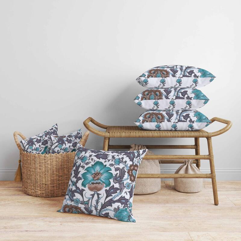 Mughal Era Garden Treasures Faux Suede Reversible Throw Pillow White and Aquamarine