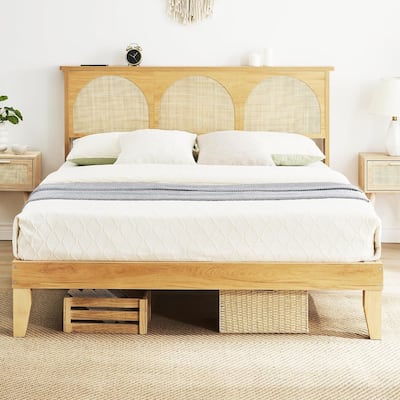 Bed Frame with Natural Rattan Headboard