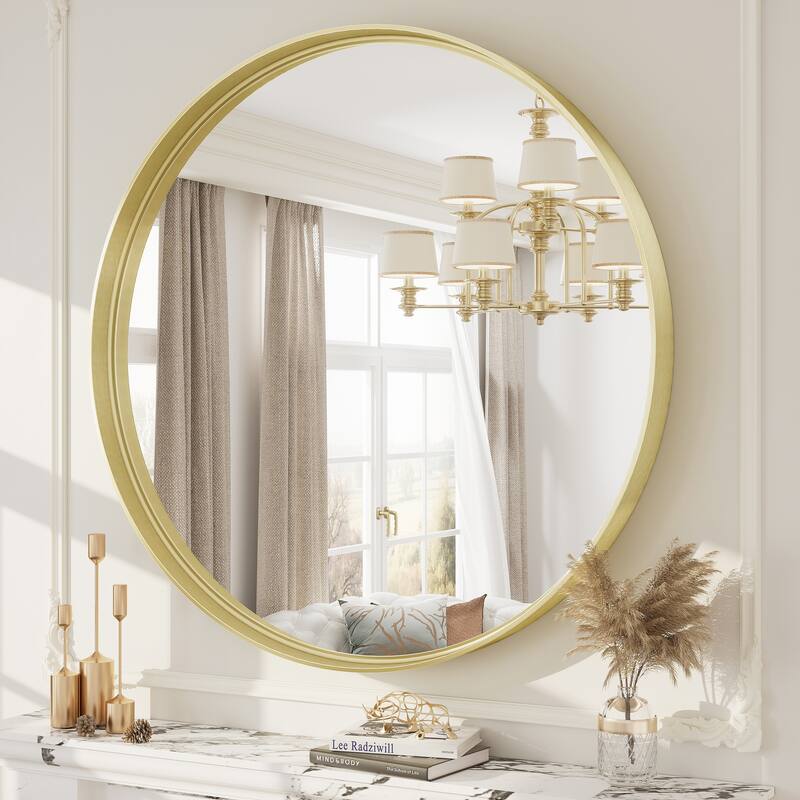 Round Tempered Glass and Metal Framed French Cleat Mounted Wall Bathroom / Vanity Mirror - 40" x 40" - Gold
