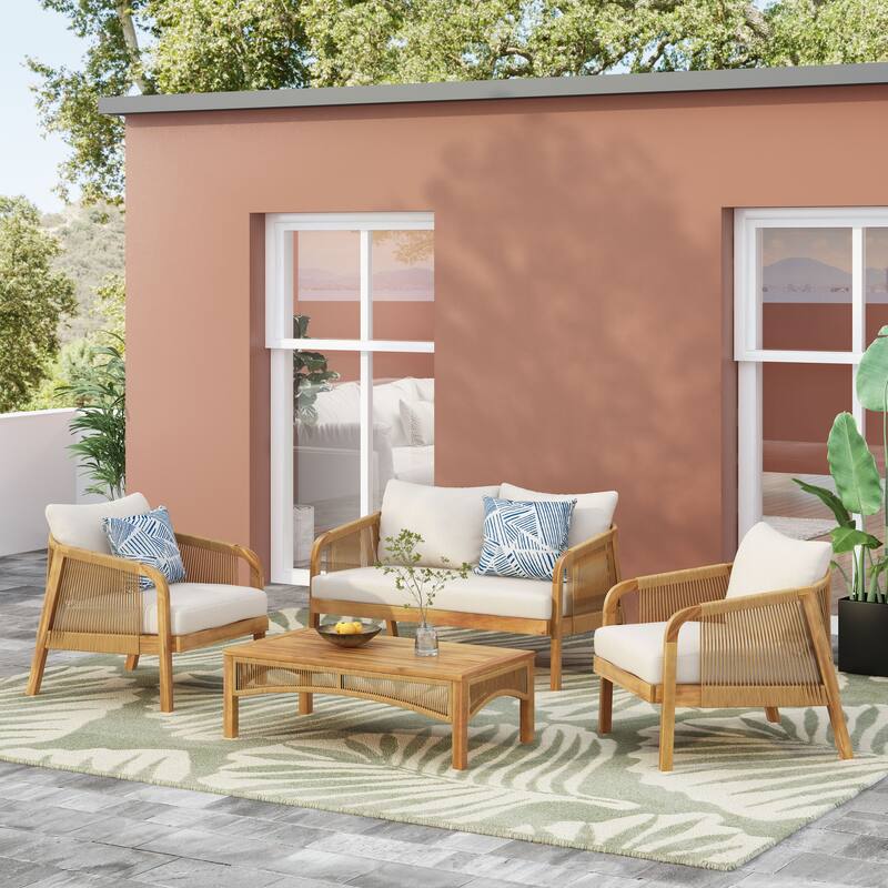 4-Pieces Acacia Wood Patio Furniture Set w/ Coffee Table Conversation Set for Garden, Backyard Porch Balcony
