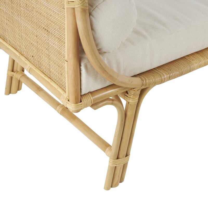 Light Brown Rattan Wrapped Home Bench with White Fabric Seat and Side Cushions