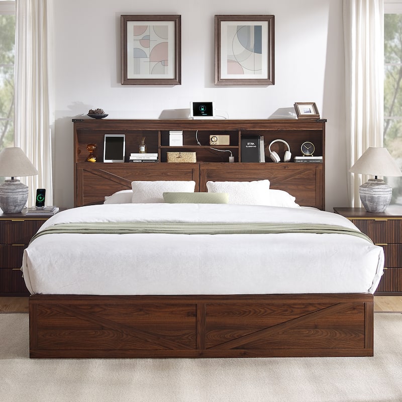 Farmhouse King Size Wood Bed Frame with Storage Headboard and Drawers