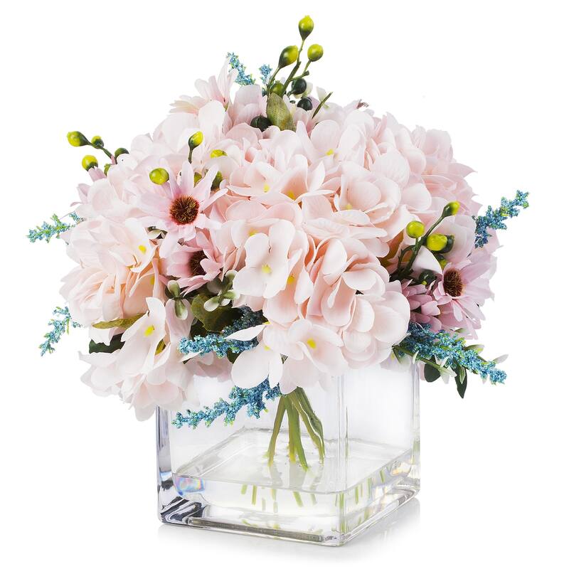 Enova Home Mixed Artificial Silk Hydrangea Faux Flowers Arrangement in Cube Glass Vase with Faux Water Home Wedding Decoration - Pink