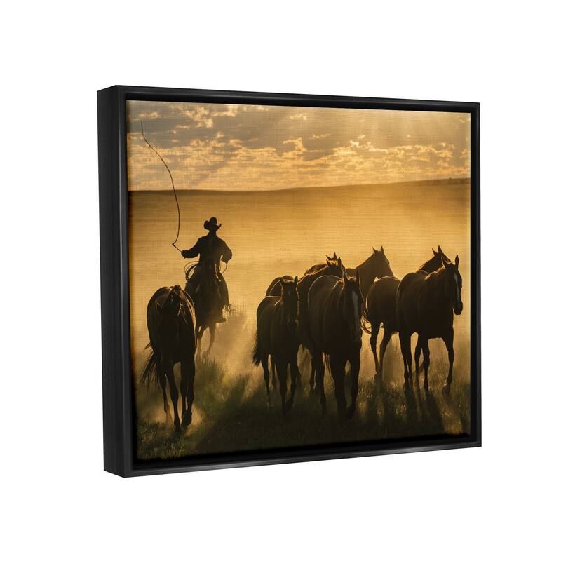 Stupell Cowboy & Horses at Sunset Framed Floater Canvas Wall Art Design by PBurchettePhoto