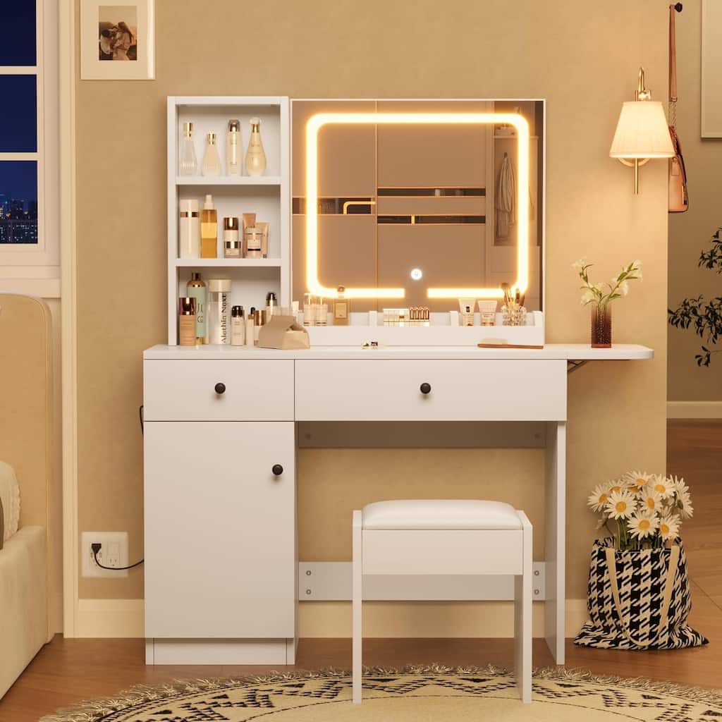 Makeup Vanity Desk with Mirror & Lights, Drawer, Power Outlet, Chair & 3 Shelves, Vanity Table Set for Bedroom