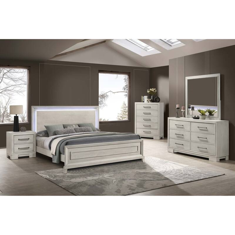 Modern Farmhouse Nightstand - Antique White Finish with Square Legs & Sleek Handles