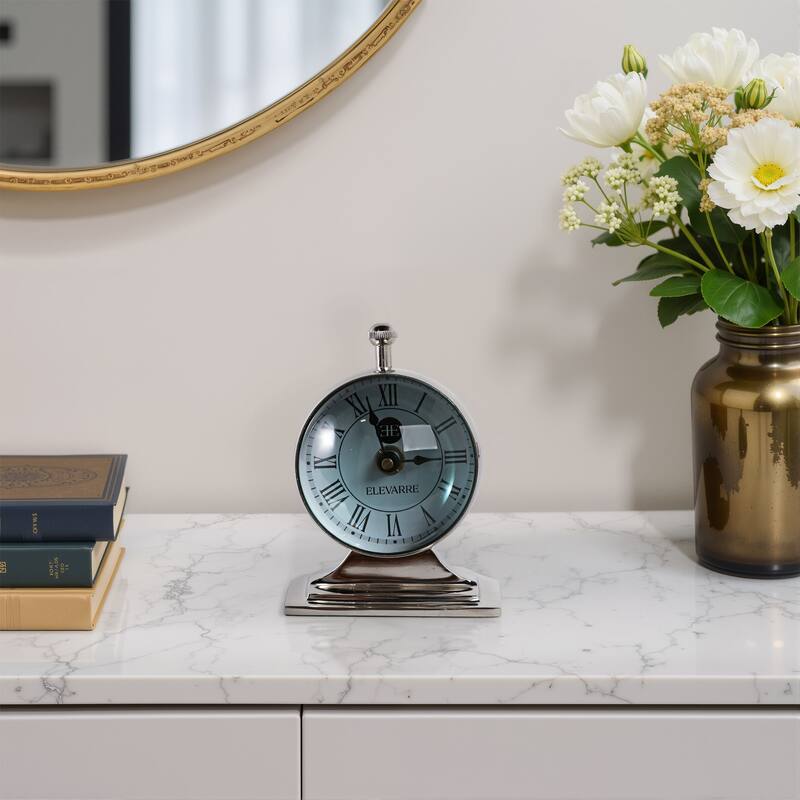 Metal Glass Desk Clock with Glass Lens and Roman Numerals Face on Base - 5" x 5" x 7" - Gold/ Metallic