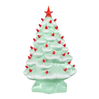14 in. Nostalgic Ceramic Tree - Seafoam with Red Bulbs