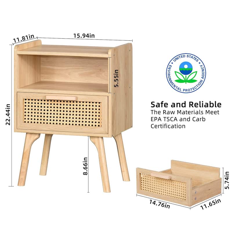 Rattan Nightstand, Boho Side Table with Drawer Open Shelf, Cane Accent Bedside End Table with Solid Wood Legs