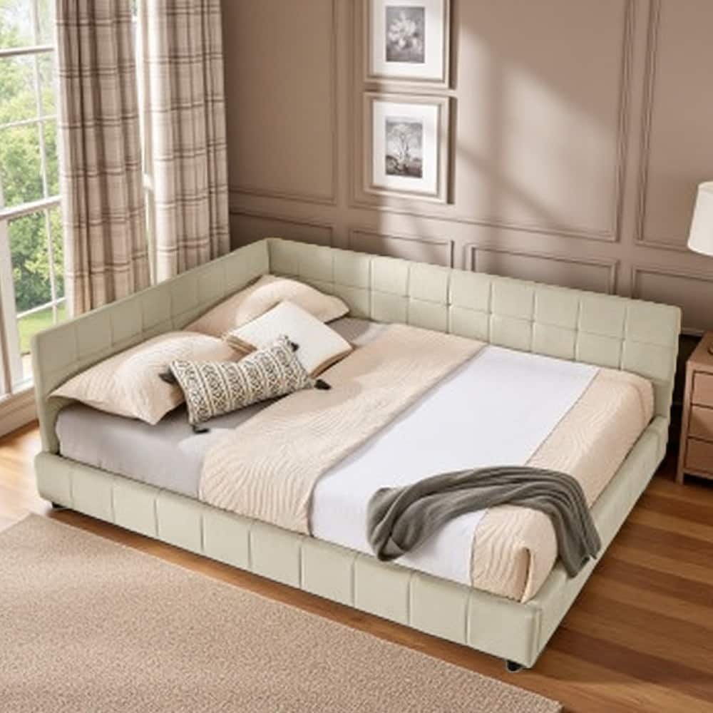 Mid-Century Velvet Queen Daybed with Tufted Backrest and Armrest, Convertible Sofa Bed Frame, Sturdy Upholstered Platform