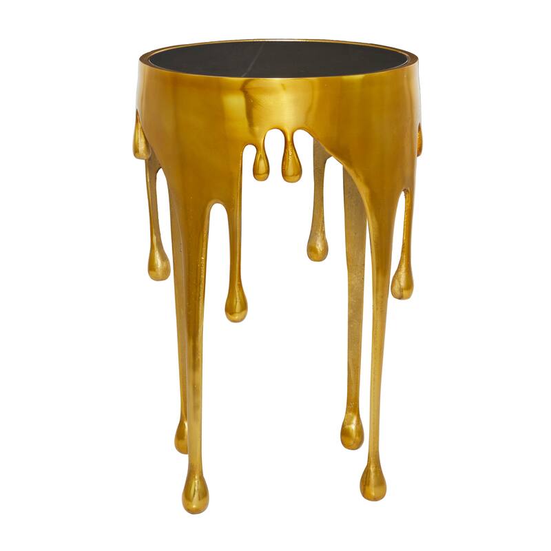 Aluminum Metal Abstract Drip Accent Table with Melting Design and Shaded Glass Top - Roche River Decor