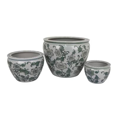 Hely 3 Planter Set, Green Vine Pattern Gray Ceramic 20, 14, 10 Inch