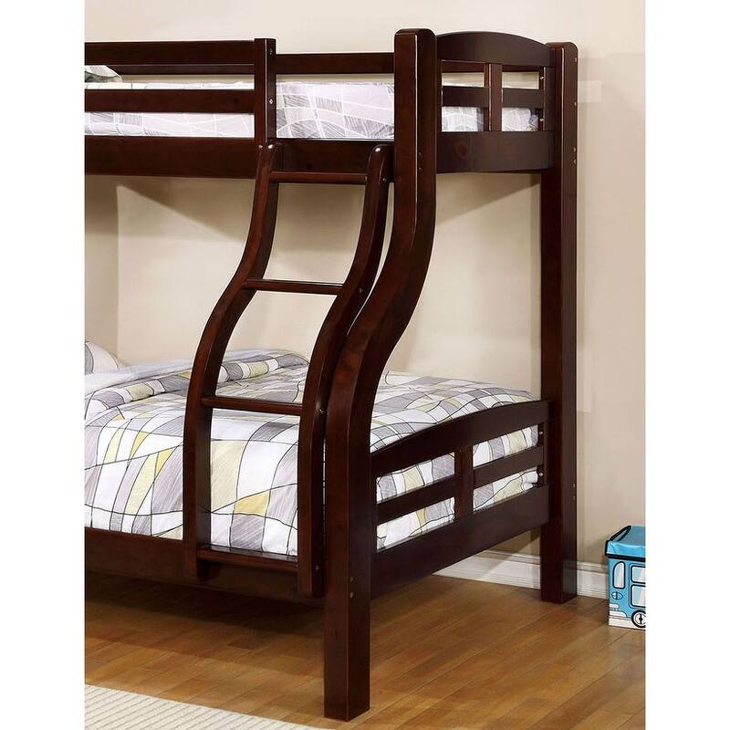 Twin Over Full Bunk Bed, Espresso Finish, Attached Curved Ladder, Sturdy Design