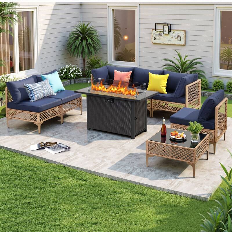 8 PCS Wicker Patio Conversation Set With Fire Table