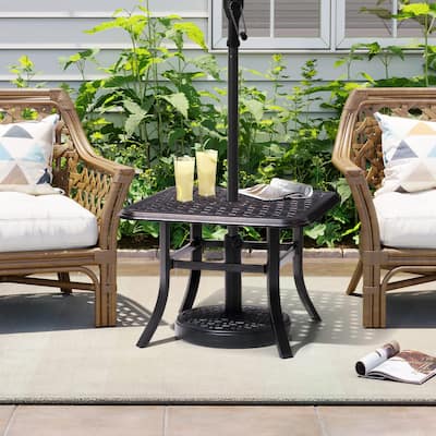 VredHom Cast Aluminum Square Side Table Outdoor with Umbrella Hole - 24.02" L x 24.02" W x 17.52" H
