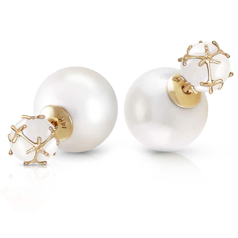 14K Solid Gold Tribal Double Shell Pearls And Opals Stud Earrings - Yellow