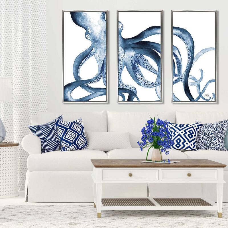 "Octopus in the Blues" Print in Floating Canvas, Set of 3 - Blue