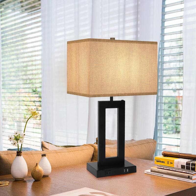 22" Gray USB Table Lamp Set With Touch Control