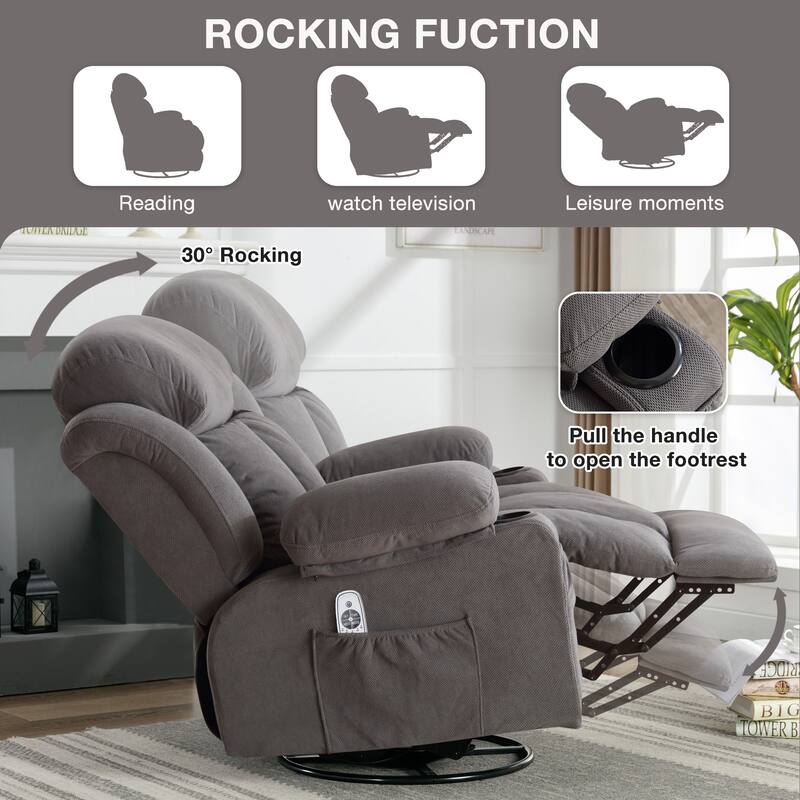 Rocker Recliner Chair with Heat & Massage, Swivel Recliner with USB and 2 Cup Holders, Ergonomic Single Lounge Sofa