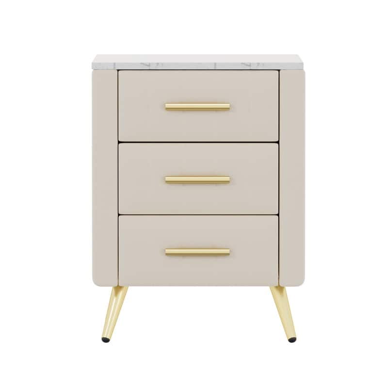 Upholstered Wooden Nightstand with 3 Drawers and Metal Legs&Handles, Bedside Table with Marbling Stickers Worktop