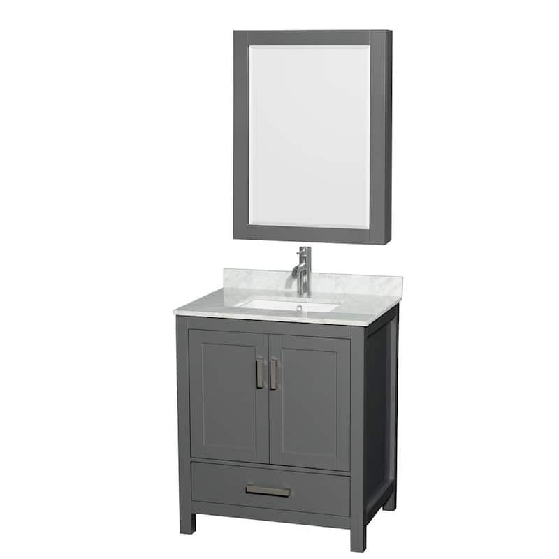 Wyndham Collection WCS141430SUNSMED Sheffield 30" Free Standing Single - Dark Gray / White Carrara Marble Top / Brushed - Steel Finish