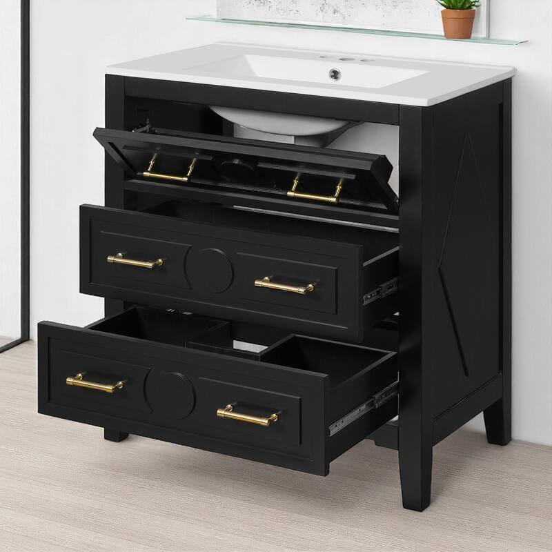 30" Bathroom Vanity with Ceramic Sink, 3 Drawers, Solid Wood Frame,Retro Cabinet, Pre-Drilled for 4" Faucet, Storage Organizer