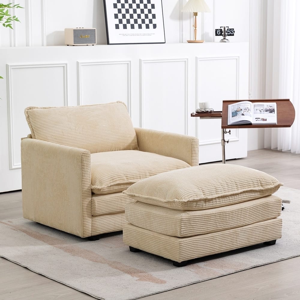 Oversized Corduroy Armchair with Plush Cushions and Movable Ottoman