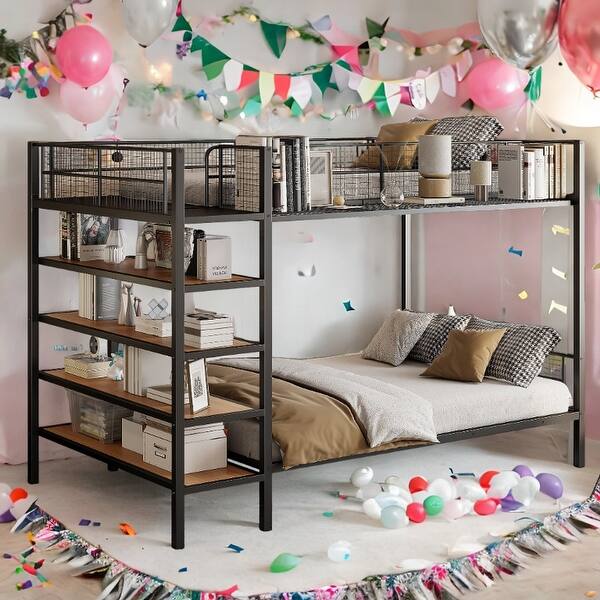 slide 2 of 14, Black Multifunctional Twin Over Full Kids Bunk Bed with 5-TierShelf Black