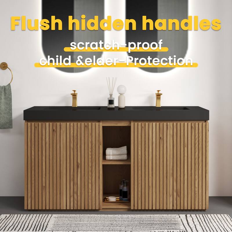 GDFStudio - Galan 60" Freestanding Bathroom Vanity with Quartz Sink, Solf Close Doors, Open Storage Shelf, NO Drain & Faucet