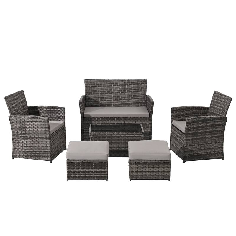 6-Piece Wicker Outdoor Sofa Set, 1 Loveseats, 2 Chairs, 2 Ottomans and 1 Table