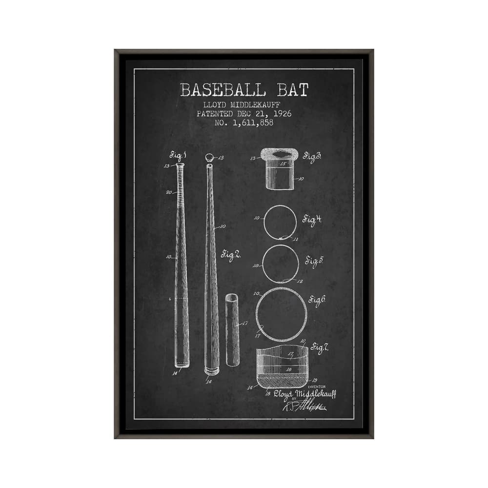 iCanvas "Baseball Bat Charcoal Patent Blueprint" by Aged Pixel Framed
