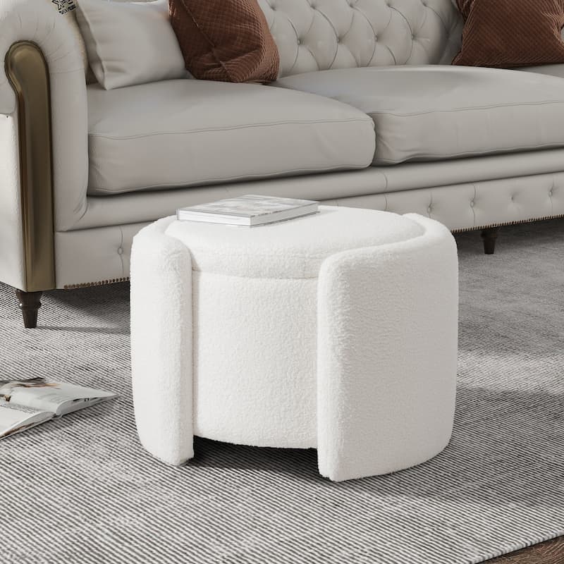 Round Ottoman teddy fleece cushioned footpads living room and bedroom footstool with storage space