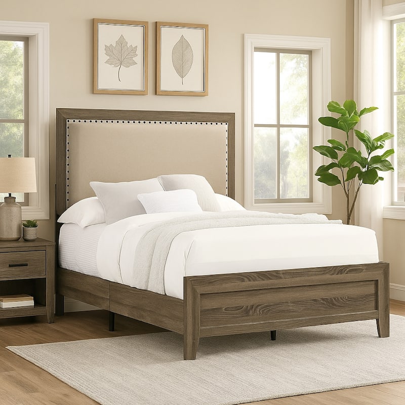 Shannon Twin Panel Bed with Nailhead Trim, Ivory Fabric, Gray Wood
