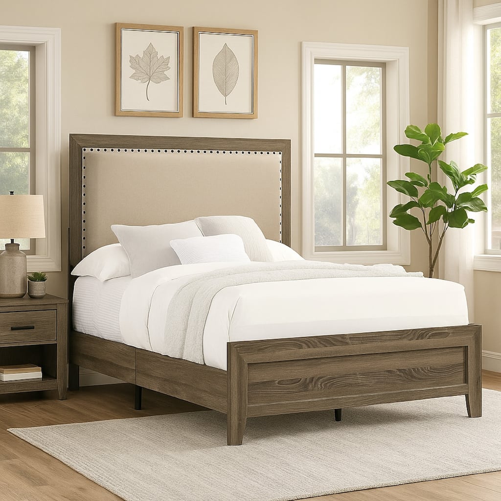 Shannon Twin Panel Bed with Nailhead Trim, Ivory Fabric, Gray Wood