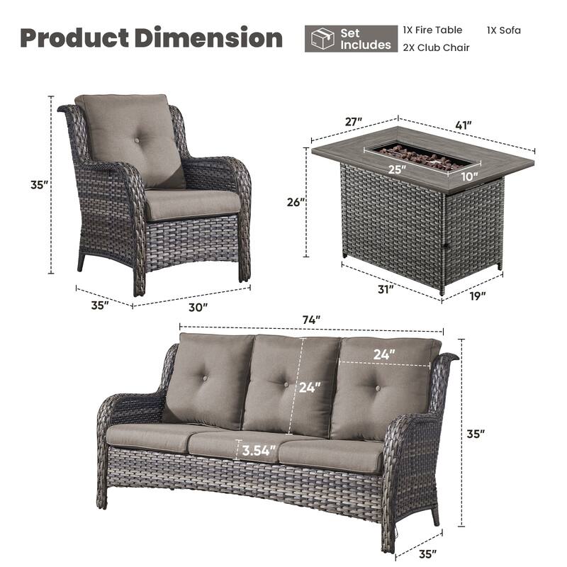 Gymojoy 4-Piece Outdoor Wicker Patio Furniture with Fire Pit Table, Rattan Coversation Set with Water Resistant Thick Cushions