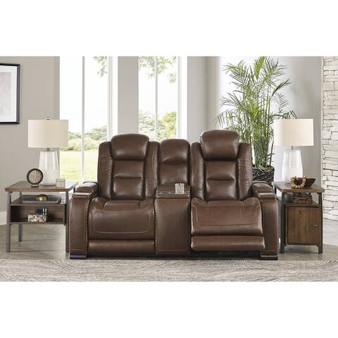 Signature Design by Ashley Man-Den Brown Leather Power Dual Reclining Loveseat