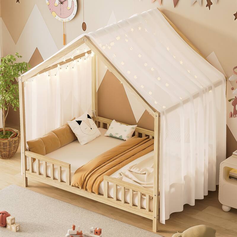 Montessori Floor Bed with Canopy, Full Bed Frame for Kids, House Shape Toddler Bed Frame with High Railings