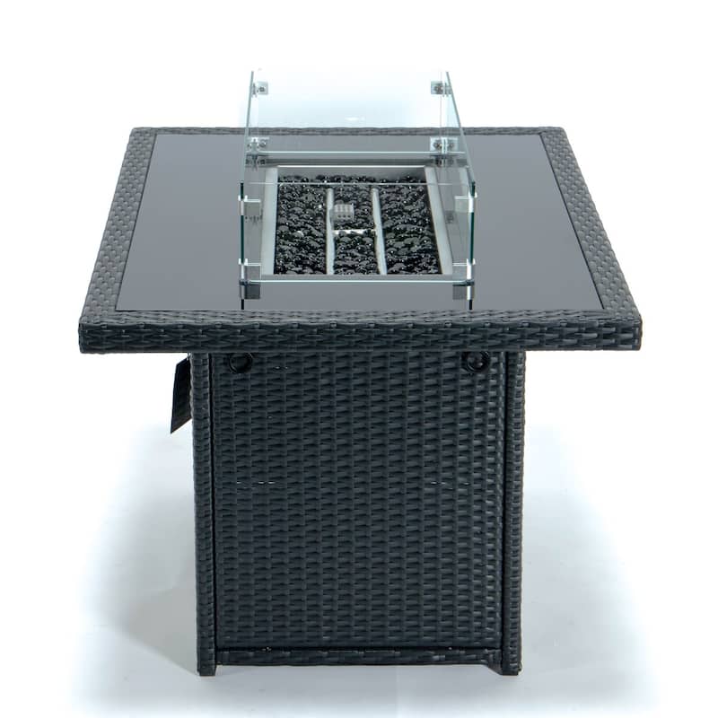LeisureMod 44" Outdoor Fire Pit Table with 55,00 BTU - Rectangular Wicker Rattan Table for Lounge Porch Backyard Patio Decor