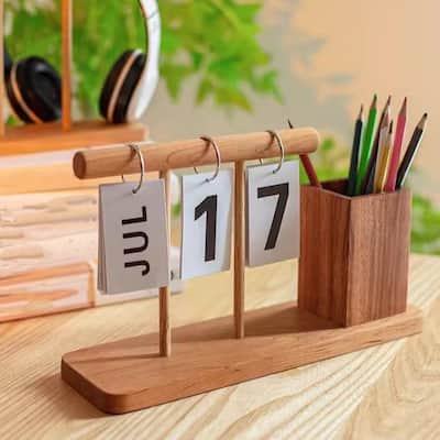 RusticReach Wooden Desktop Calendar with Pen Holder
