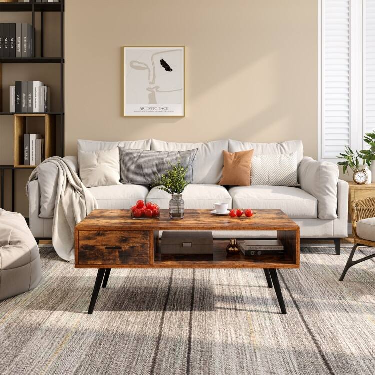 Mid-Century Coffee Table with Drawer and Open Shelf for Storage - 43" x 21.5" x 17.5"