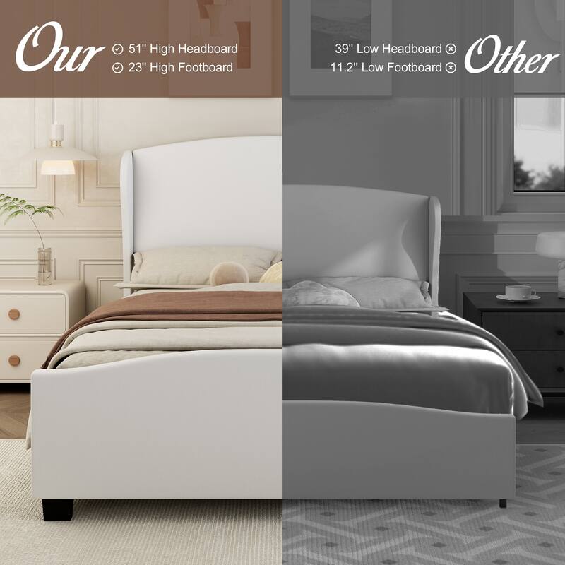 King Size Wingback Bed Frame with 51" Tall Headboard with Solid Wood Legs (No Box Spring Needed)