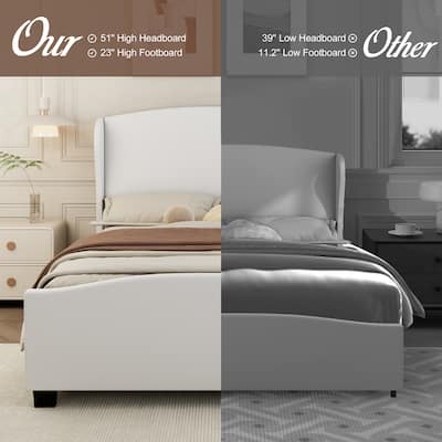 Linen Upholstered Bed Frame with Tall Headboard Wingback, Wood Slat Support Low Profile Bed, No Box Spring Needed Platform Bed