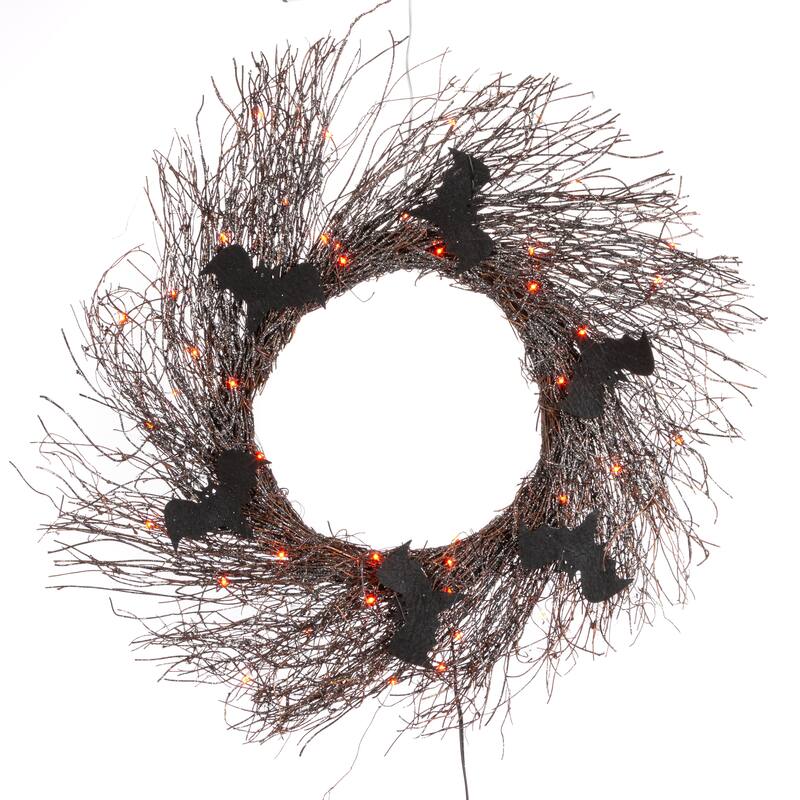 20 in Black Halloween Twig Wreath with Bats and Orange LEDs - N/A