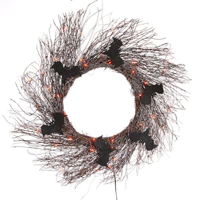 20 in Black Halloween Twig Wreath with Bats and Orange LEDs - N/A