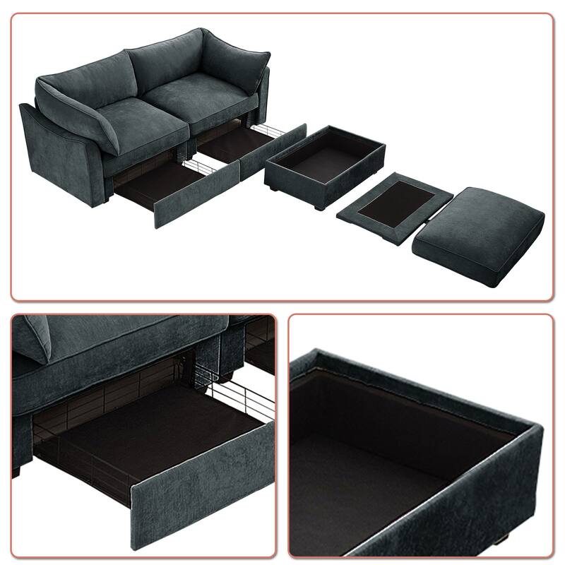 Chenille Fabric Upholstered Sectional Sofa with Under-Seat Drawers and Storage Ottoman