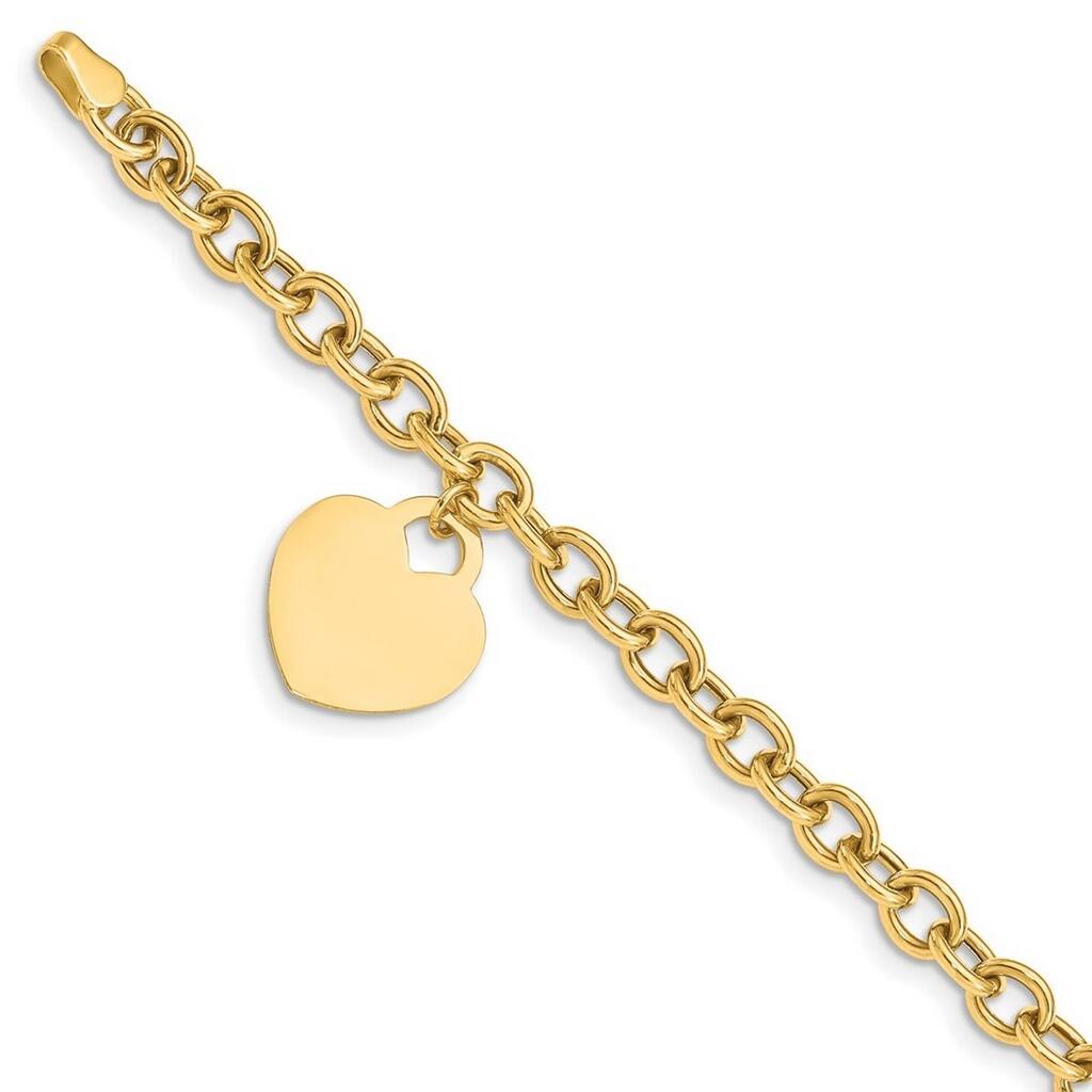 Curata 10k Yellow Gold 7.25" 15mm Heart Charm Hollow Bracelet
