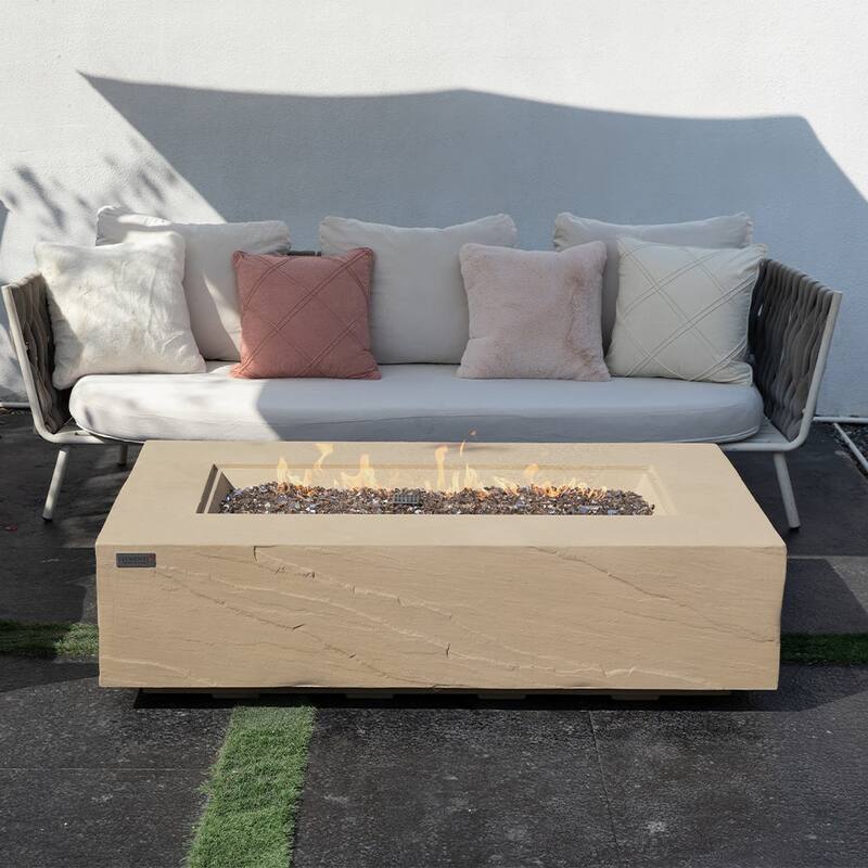 Elementi Plus Meteora Outdoor Fire Pit Table Concrete Rectangular 60000 BTU - 55.9 x 31.9 inches with Lid, Fire Glass, and Cover