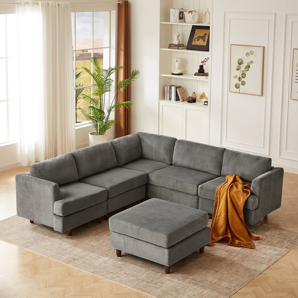 Roomfitters Modern Modular Sectional Sofa, 6-Seater Sleeper Couch with Upholstered Corduroy Design